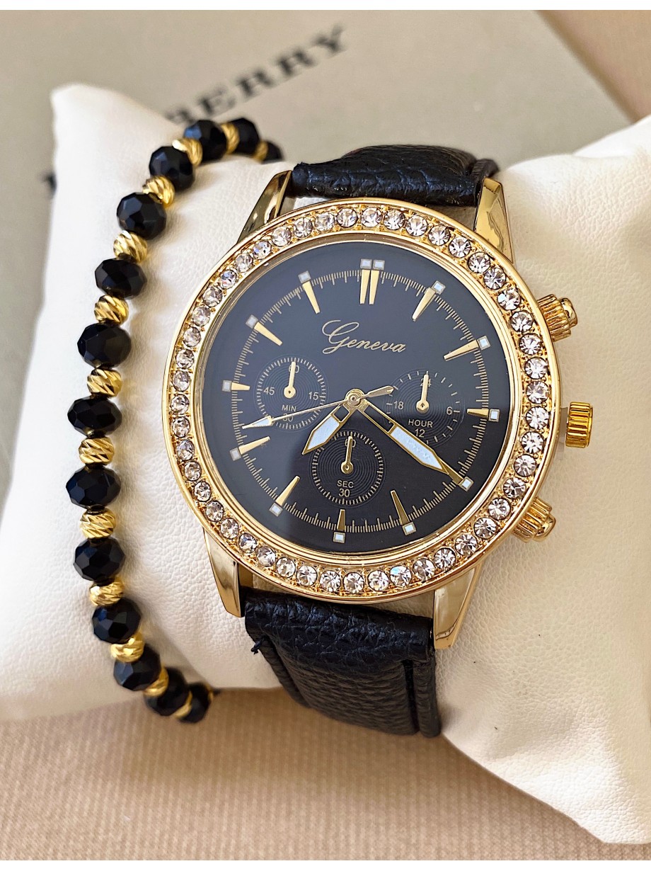 Ceas dama negru cu bratara din piele ecologica si cadran cu pietricele