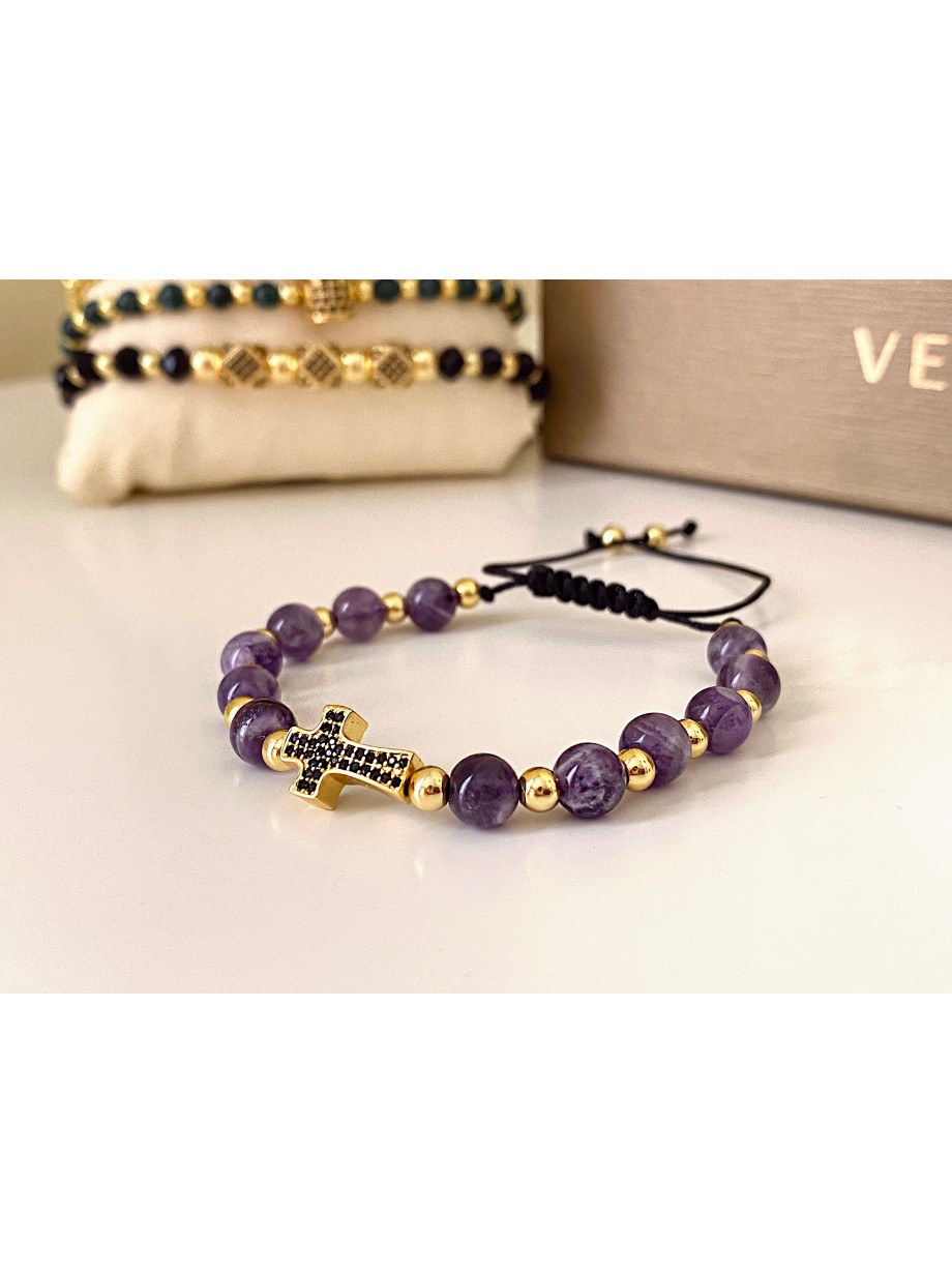 Bratara dama model deosebit cu piatra semipretioasa Agata mov si design special cruciulita