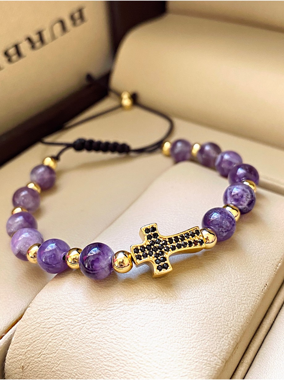 Bratara dama model deosebit cu piatra semipretioasa Agata mov si design special cruciulita