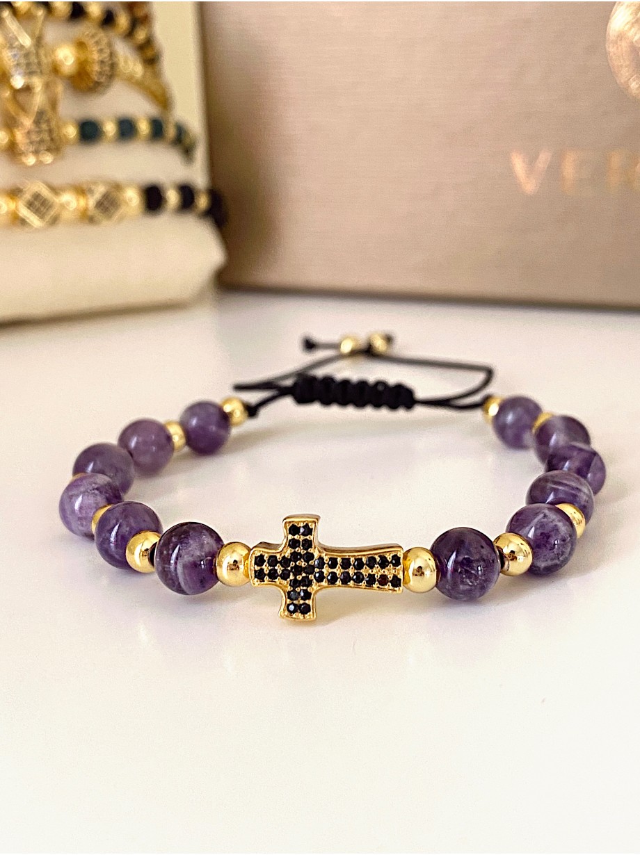 Bratara dama model deosebit cu piatra semipretioasa Agata mov si design special cruciulita