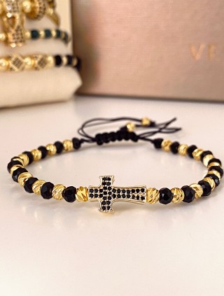 Bratara dama model deosebit cu margele negre cu auriu si design cruciulita