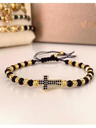 Bratara dama model deosebit cu margele negre cu auriu si design cruciulita