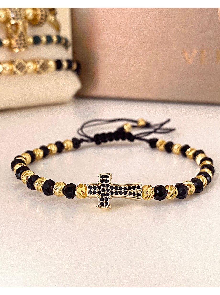Bratara dama model deosebit cu margele negre cu auriu si design cruciulita