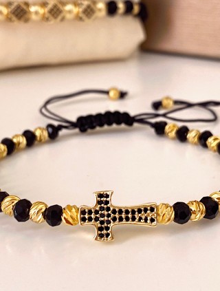 Bratara dama model deosebit cu margele negre cu auriu si design cruciulita