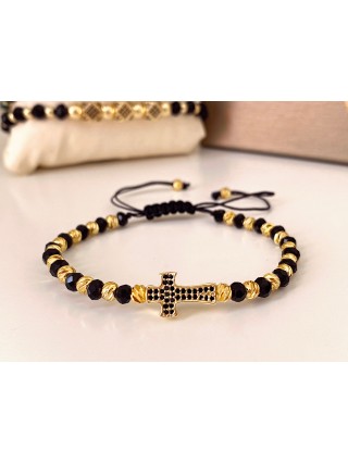 Bratara dama model deosebit cu margele negre cu auriu si design cruciulita
