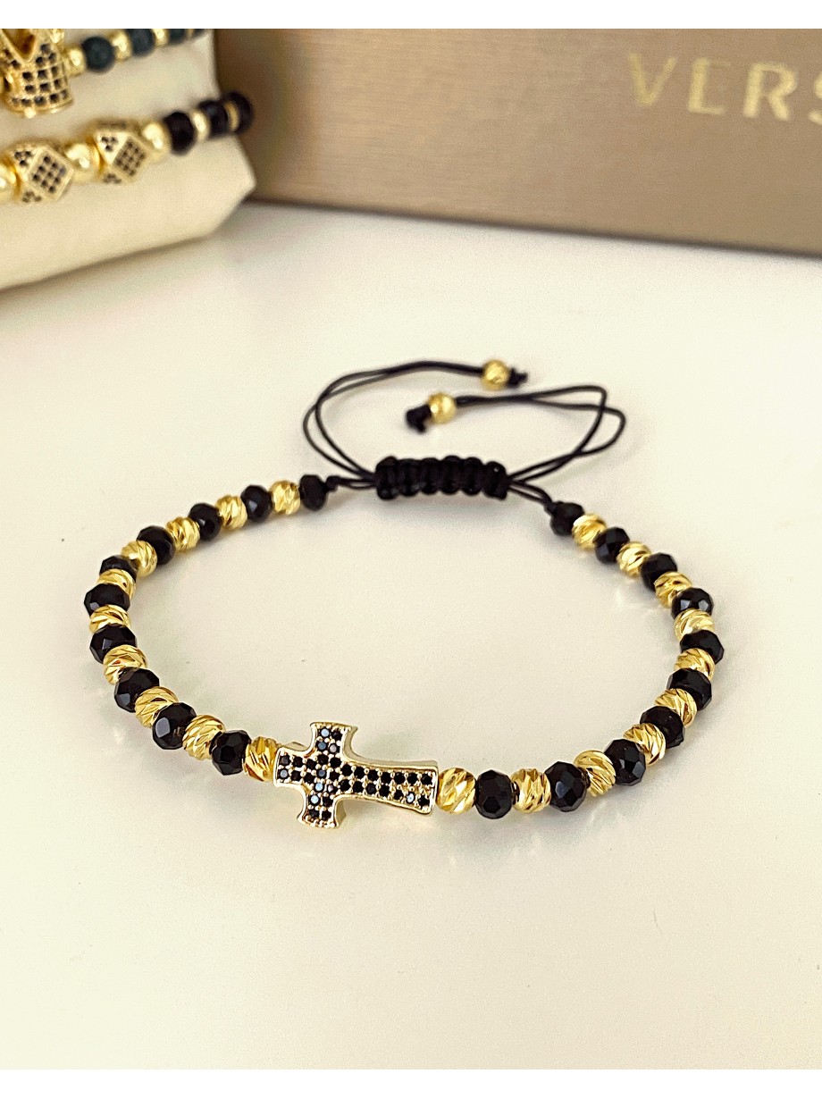 Bratara dama model deosebit cu margele negre cu auriu si design cruciulita