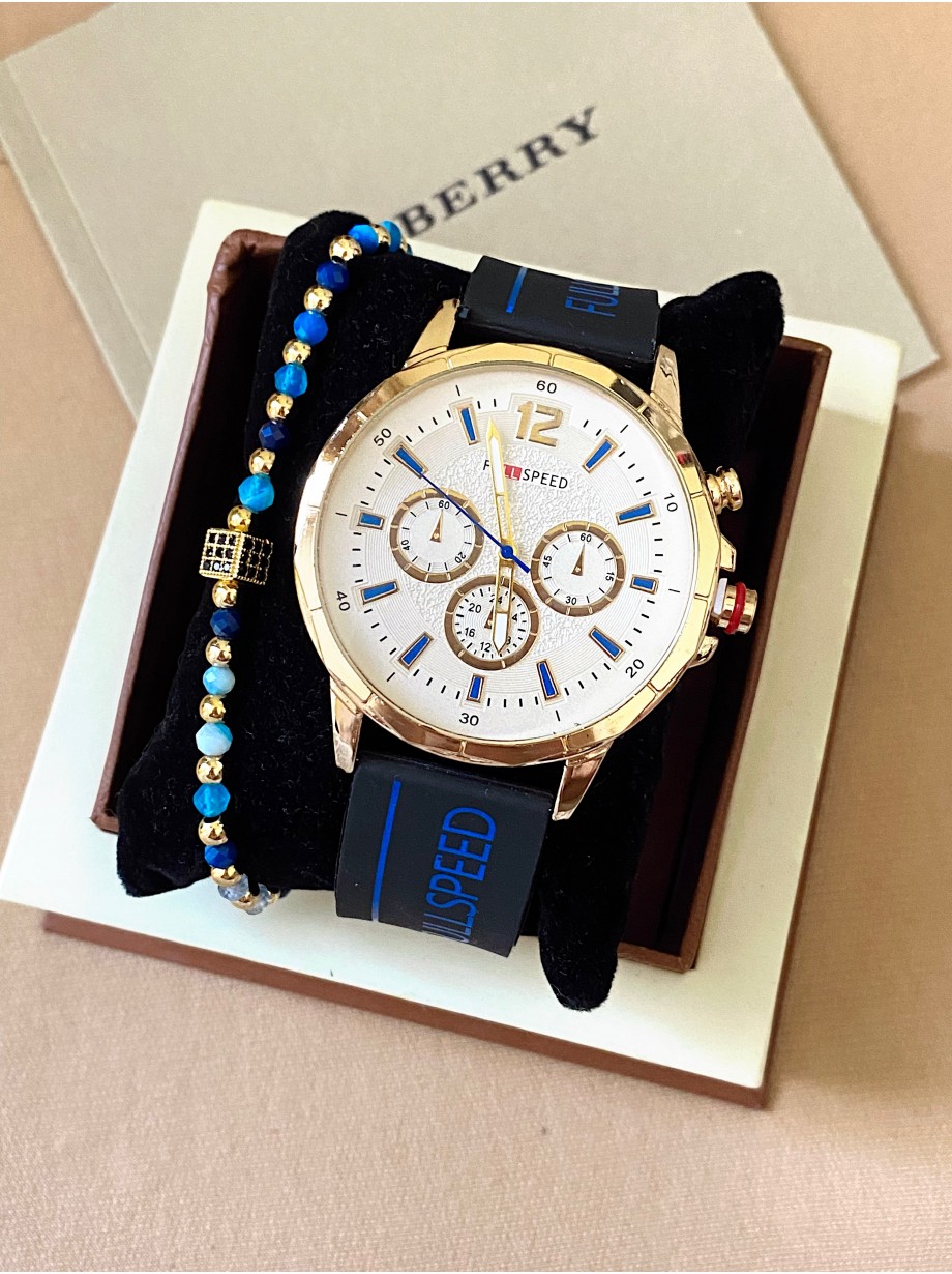 Ceas barbat negru cu bratara din silicon si cadran alb