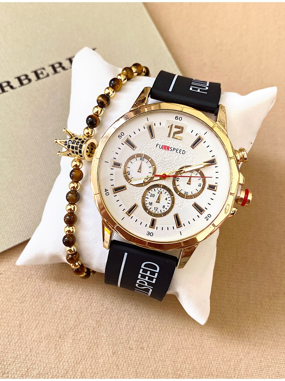 Ceas barbat negru cu bratara din silicon si cadran alb