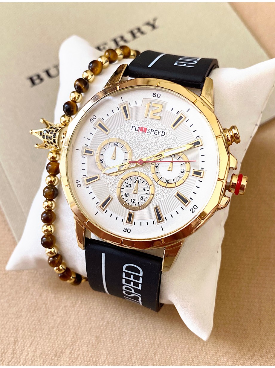 Ceas barbat negru cu bratara din silicon si cadran alb