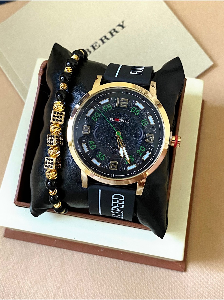 Ceas barbat negru cu bratara din silicon si cadran negru