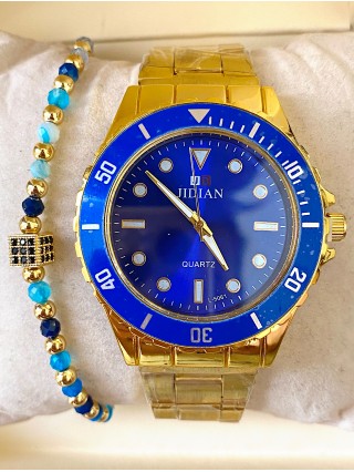 Ceas barbat auriu cu bratara metalica si cadran albastru