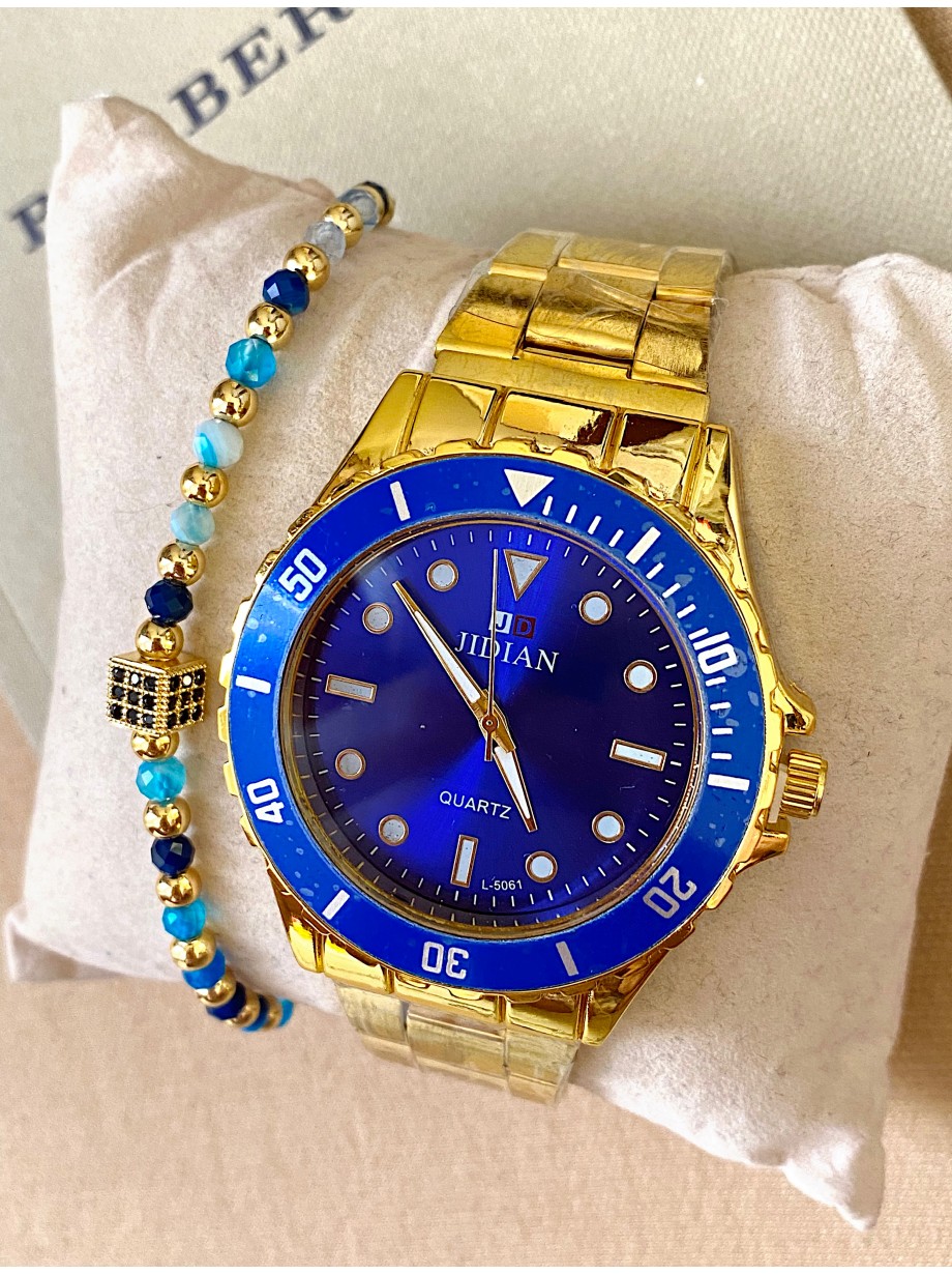 Ceas barbat auriu cu bratara metalica si cadran albastru