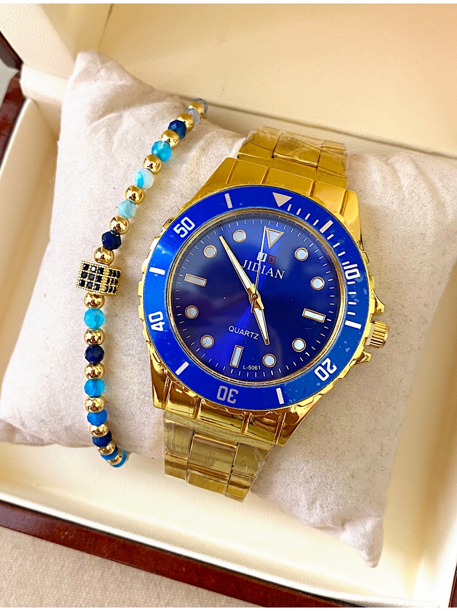 Ceas barbat auriu cu bratara metalica si cadran albastru