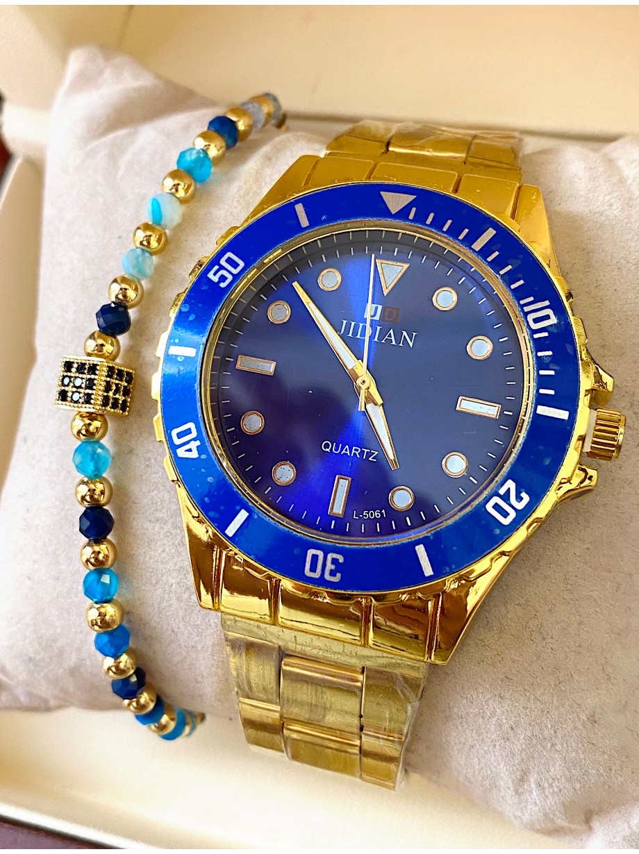 Ceas barbat auriu cu bratara metalica si cadran albastru