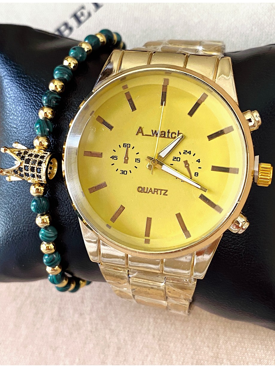 Ceas barbat auriu cu bratara metalica si cadran galben