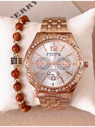 Ceas dama roze cu bratara metalica si cadran argintiu