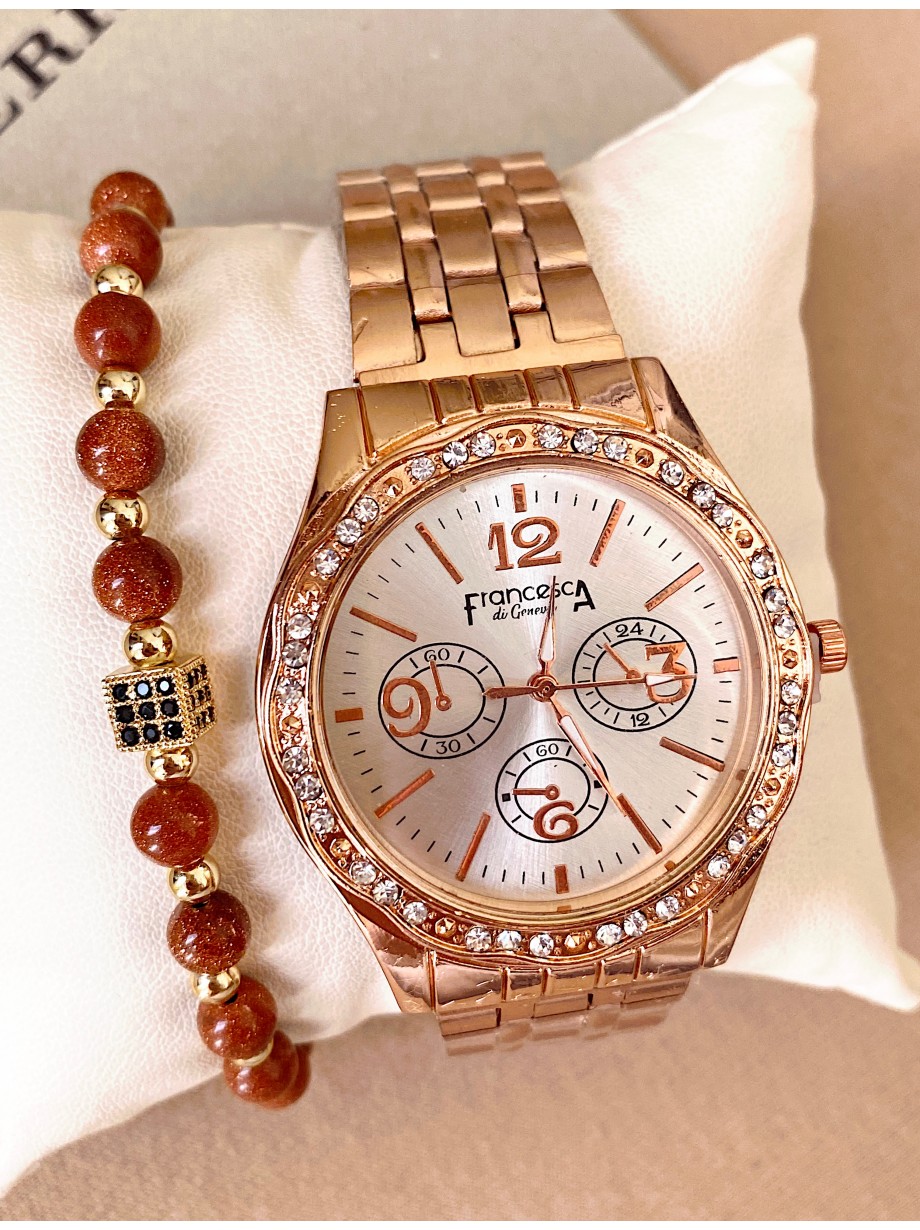 Ceas dama roze cu bratara metalica si cadran argintiu