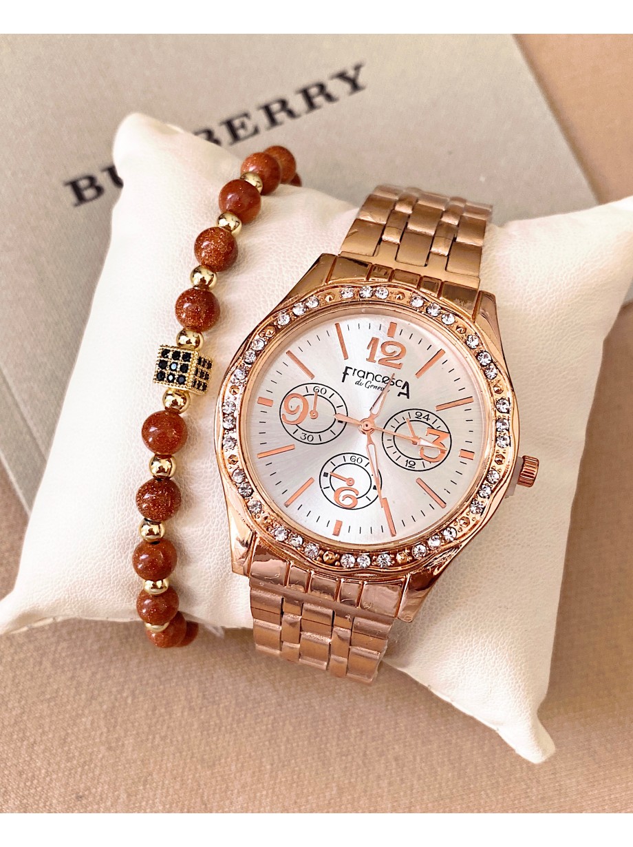 Ceas dama roze cu bratara metalica si cadran argintiu