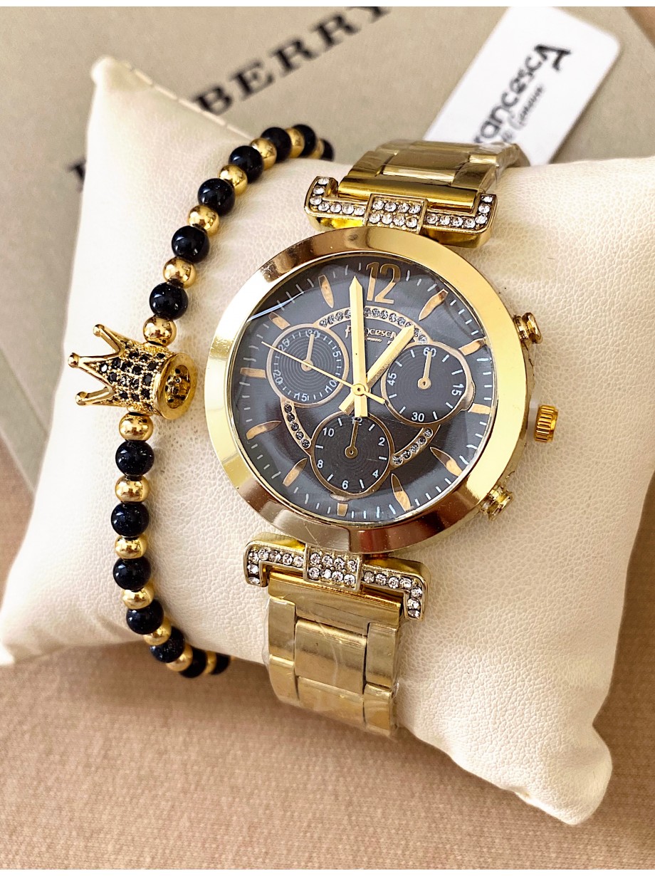 Ceas dama auriu cu bratara metalica si cadran negru