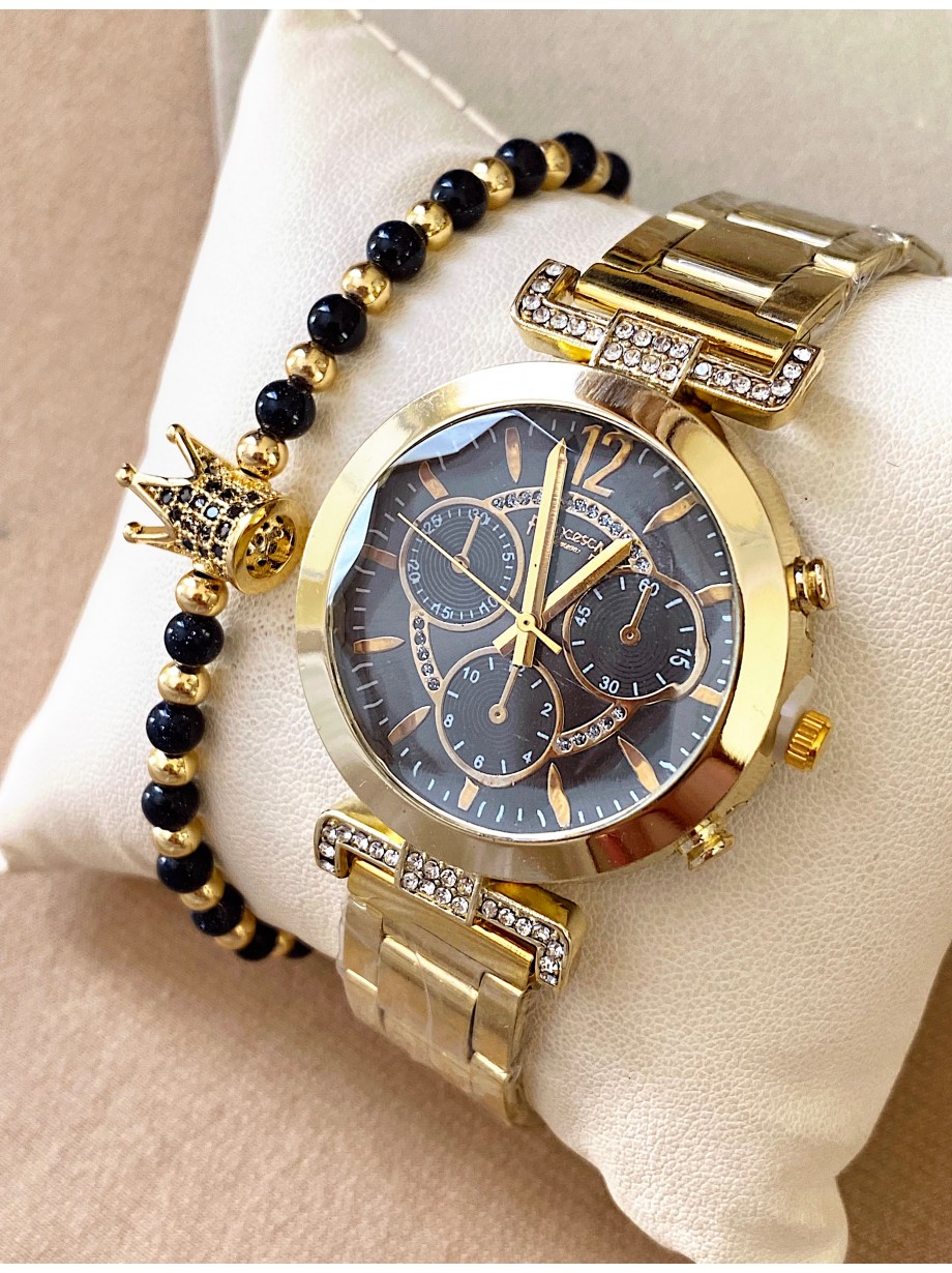 Ceas dama auriu cu bratara metalica si cadran negru