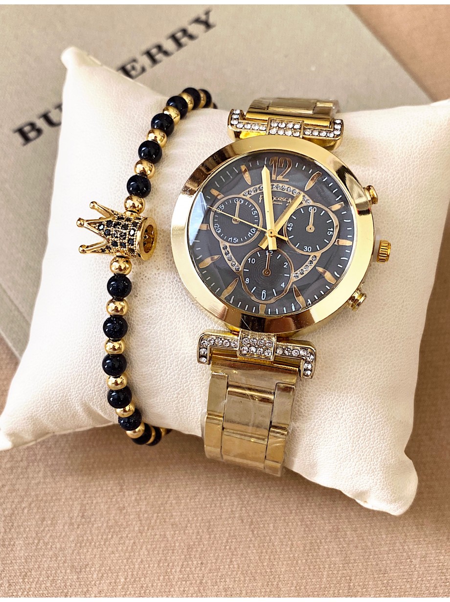 Ceas dama auriu cu bratara metalica si cadran negru