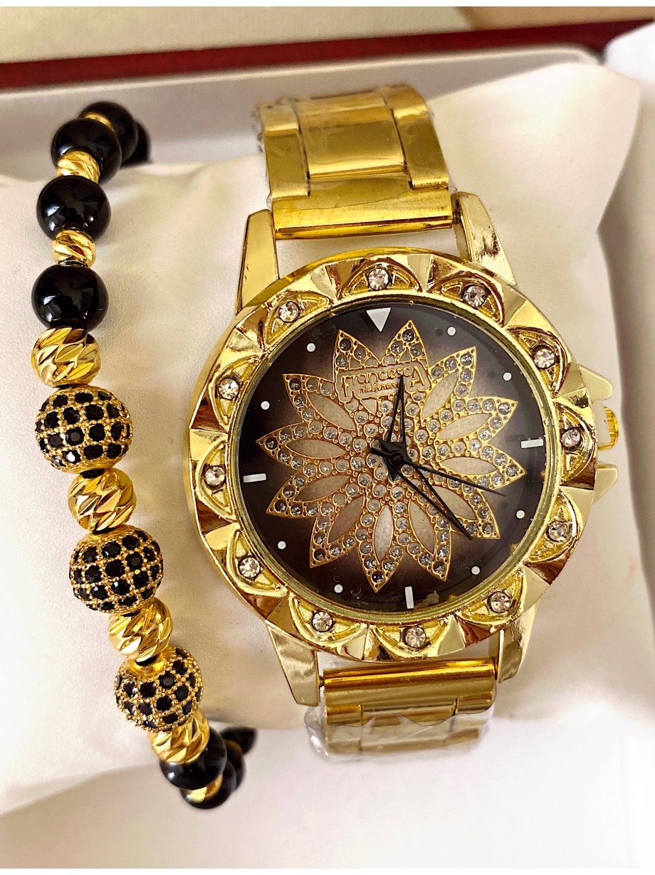 Ceas dama auriu cu bratara metalica si cadran negru cu floare