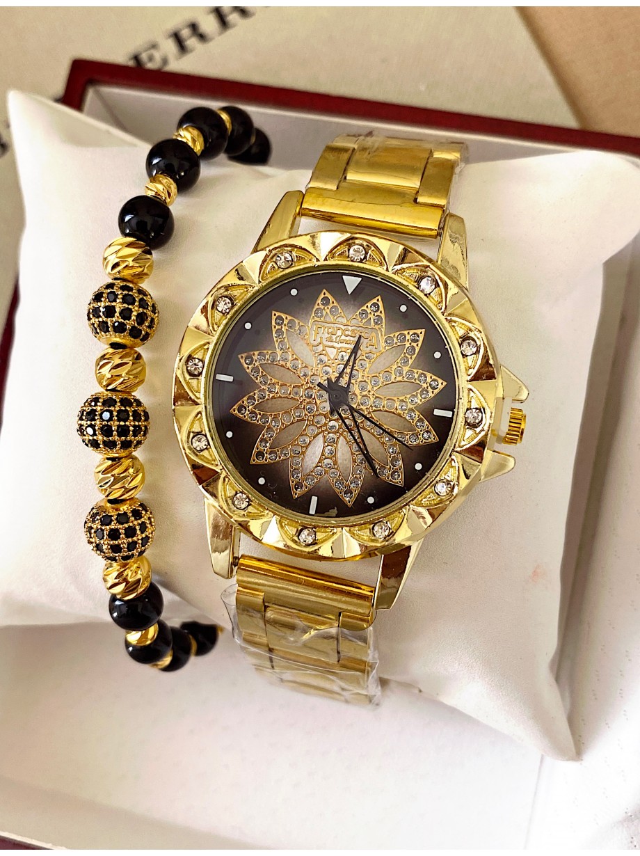 Ceas dama auriu cu bratara metalica si cadran negru cu floare