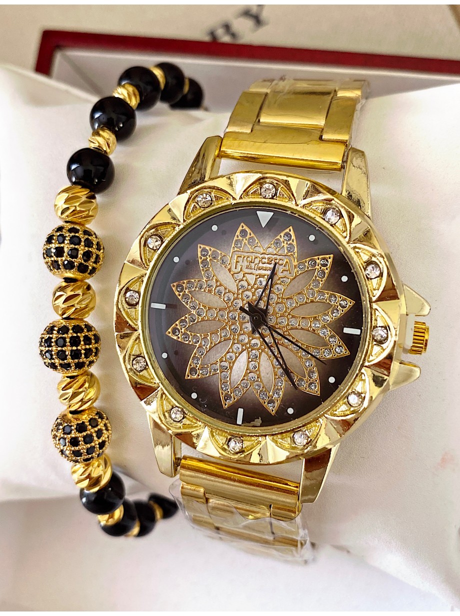 Ceas dama auriu cu bratara metalica si cadran negru cu floare