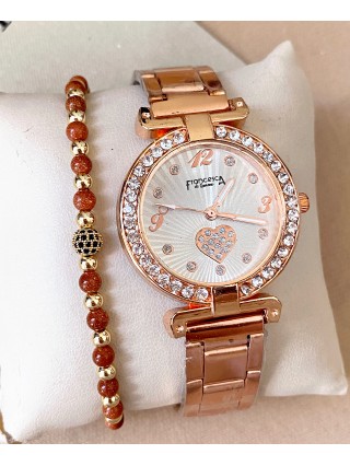 Ceas dama roze cu bratara metalica si cadran cu inimioara