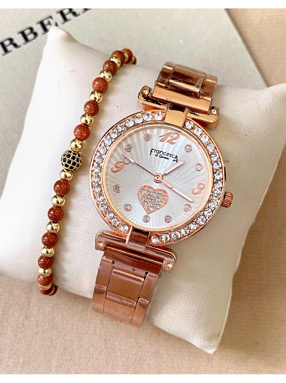 Ceas dama roze cu bratara metalica si cadran cu inimioara