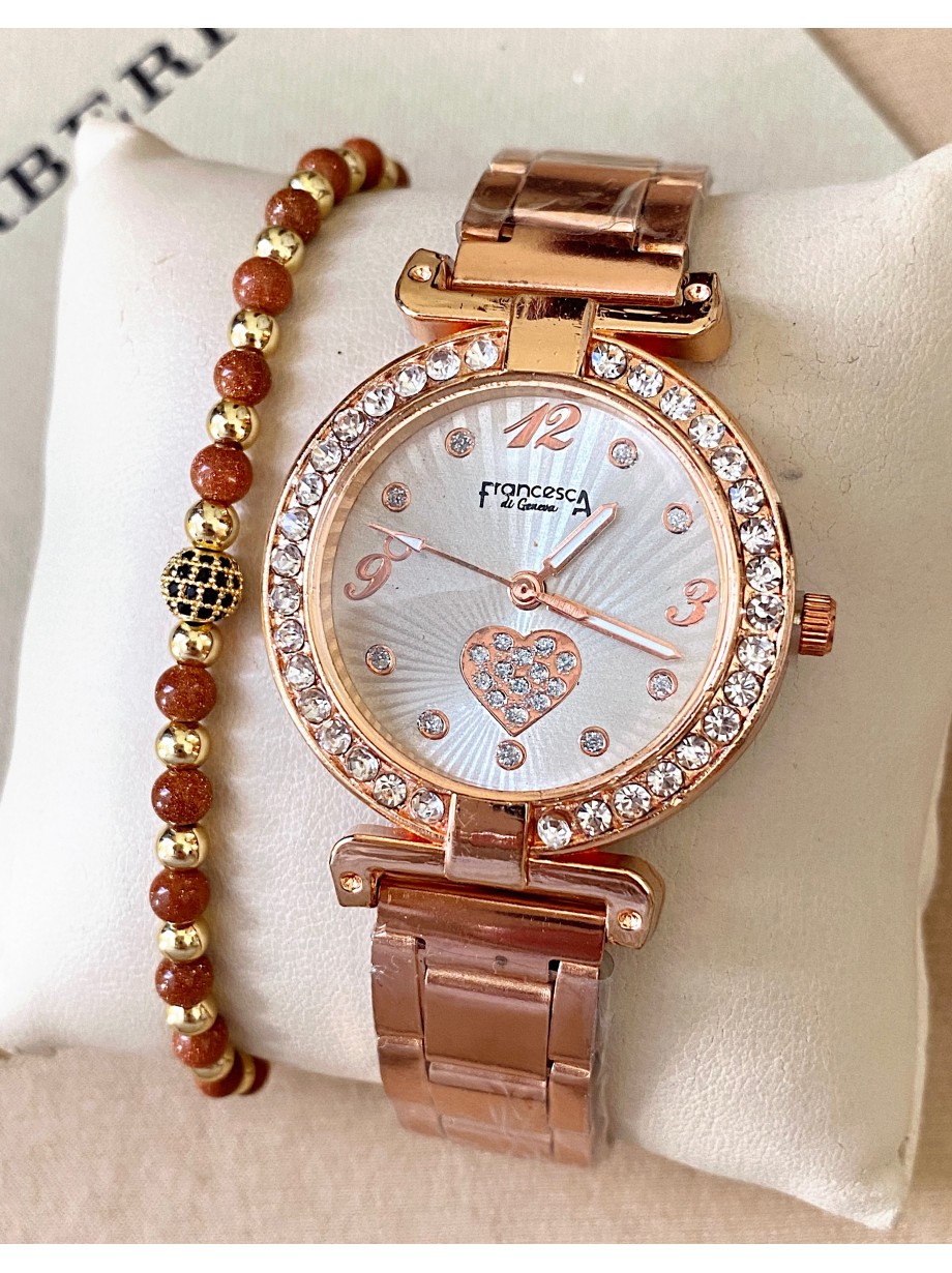 Ceas dama roze cu bratara metalica si cadran cu inimioara