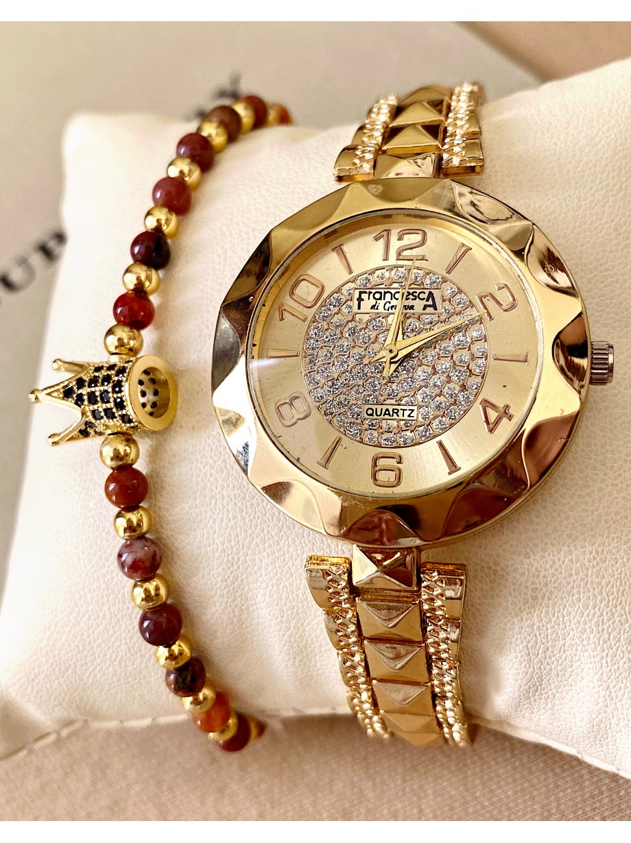 Ceas dama auriu cu bratara metalica si cadran cu cerc cu pietricele