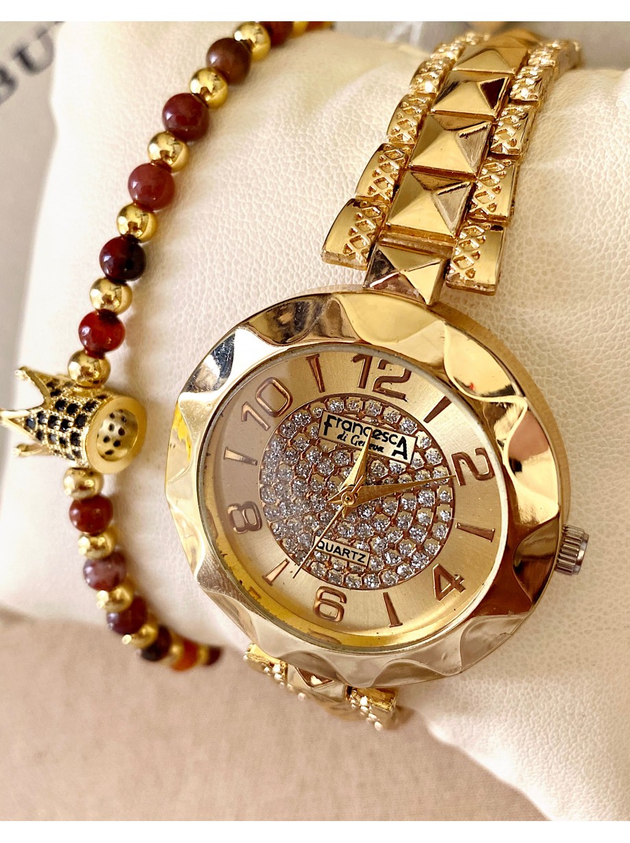 Ceas dama auriu cu bratara metalica si cadran cu cerc cu pietricele