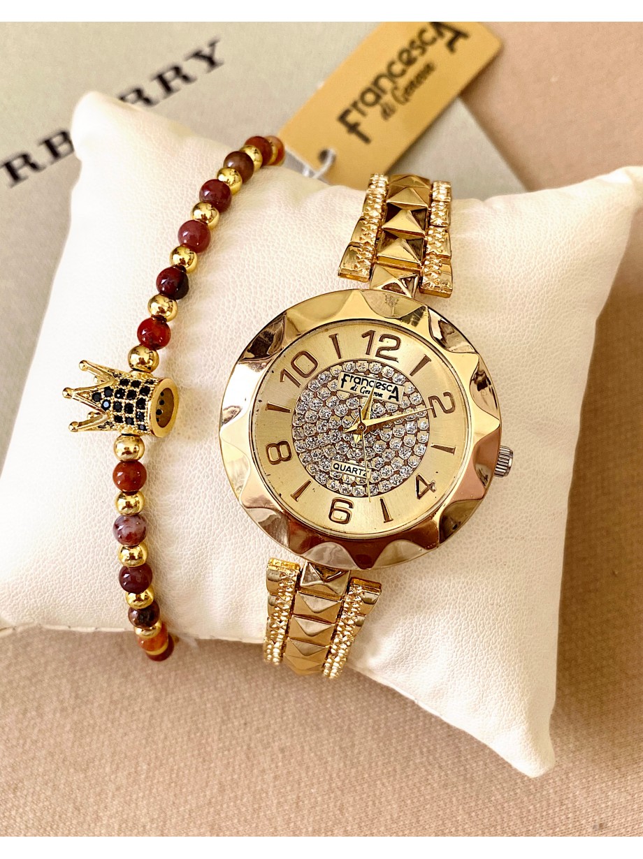 Ceas dama auriu cu bratara metalica si cadran cu cerc cu pietricele