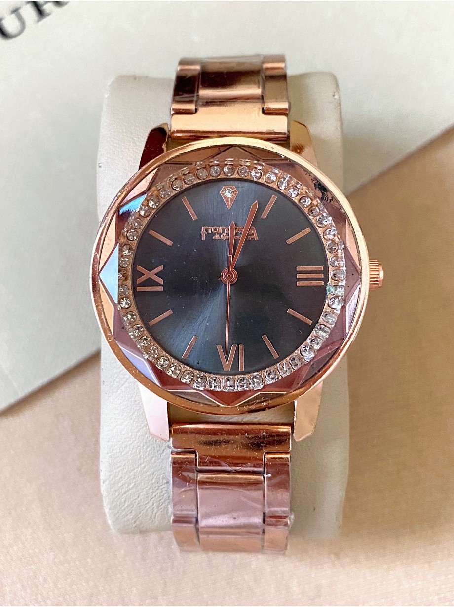 Ceas dama roze cu bratara metalica si cadran negru