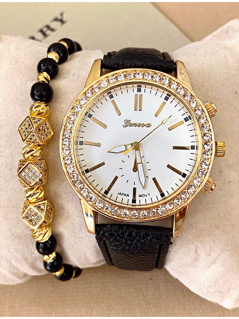 Ceas dama negru cu bratara din piele ecologica si cadran fara cifre