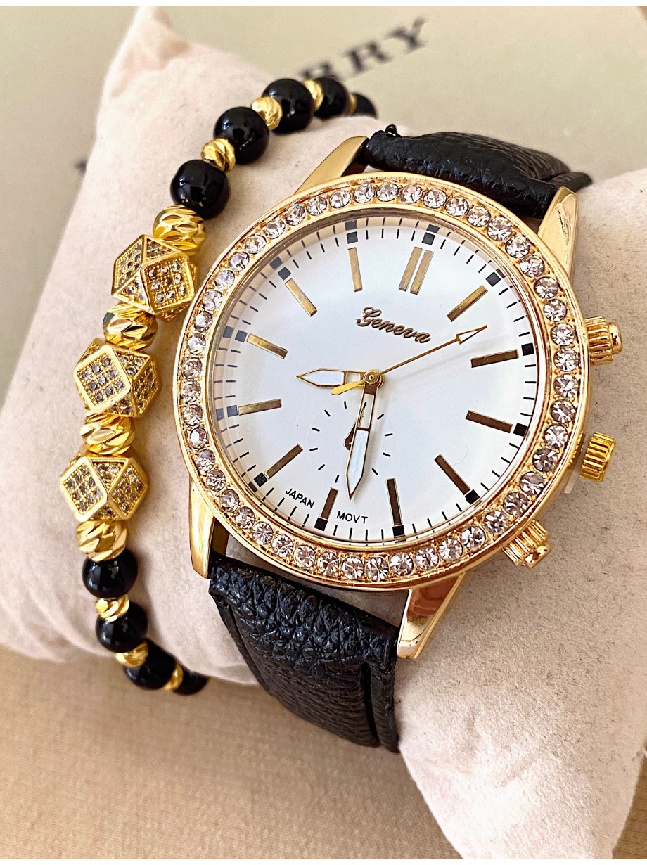 Ceas dama negru cu bratara din piele ecologica si cadran fara cifre