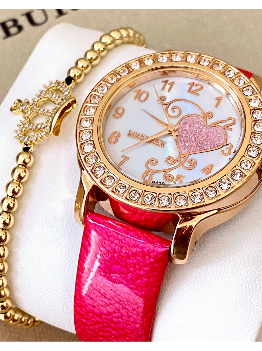 Ceas dama rosu cu bratara din piele ecologica si cadran cu inimioara