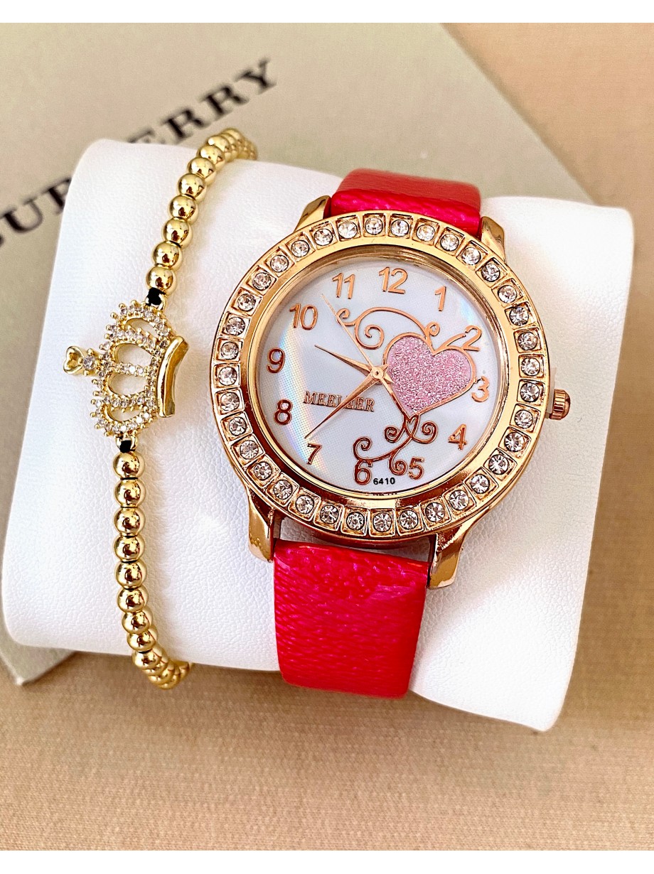 Ceas dama rosu cu bratara din piele ecologica si cadran cu inimioara