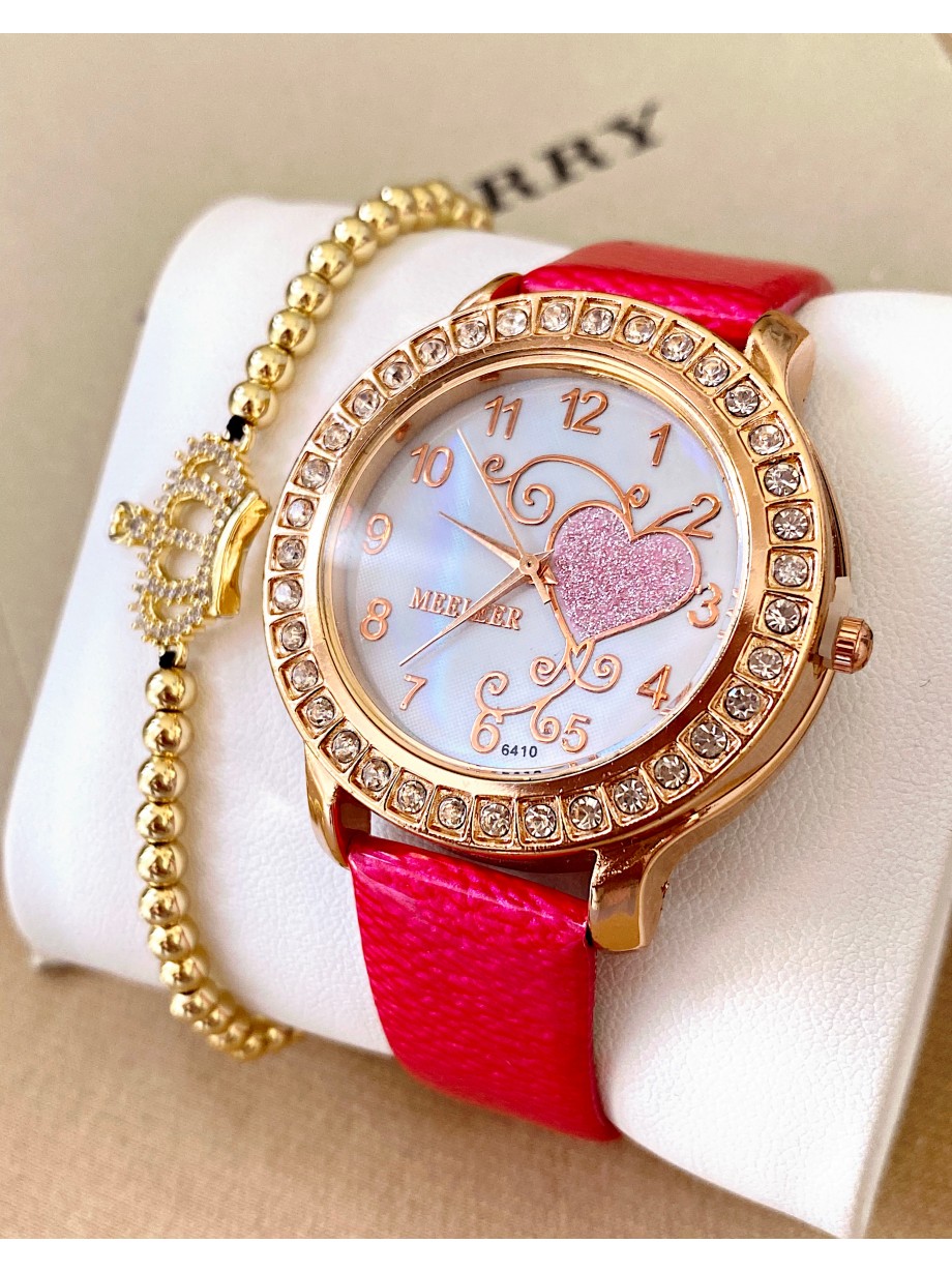 Ceas dama rosu cu bratara din piele ecologica si cadran cu inimioara