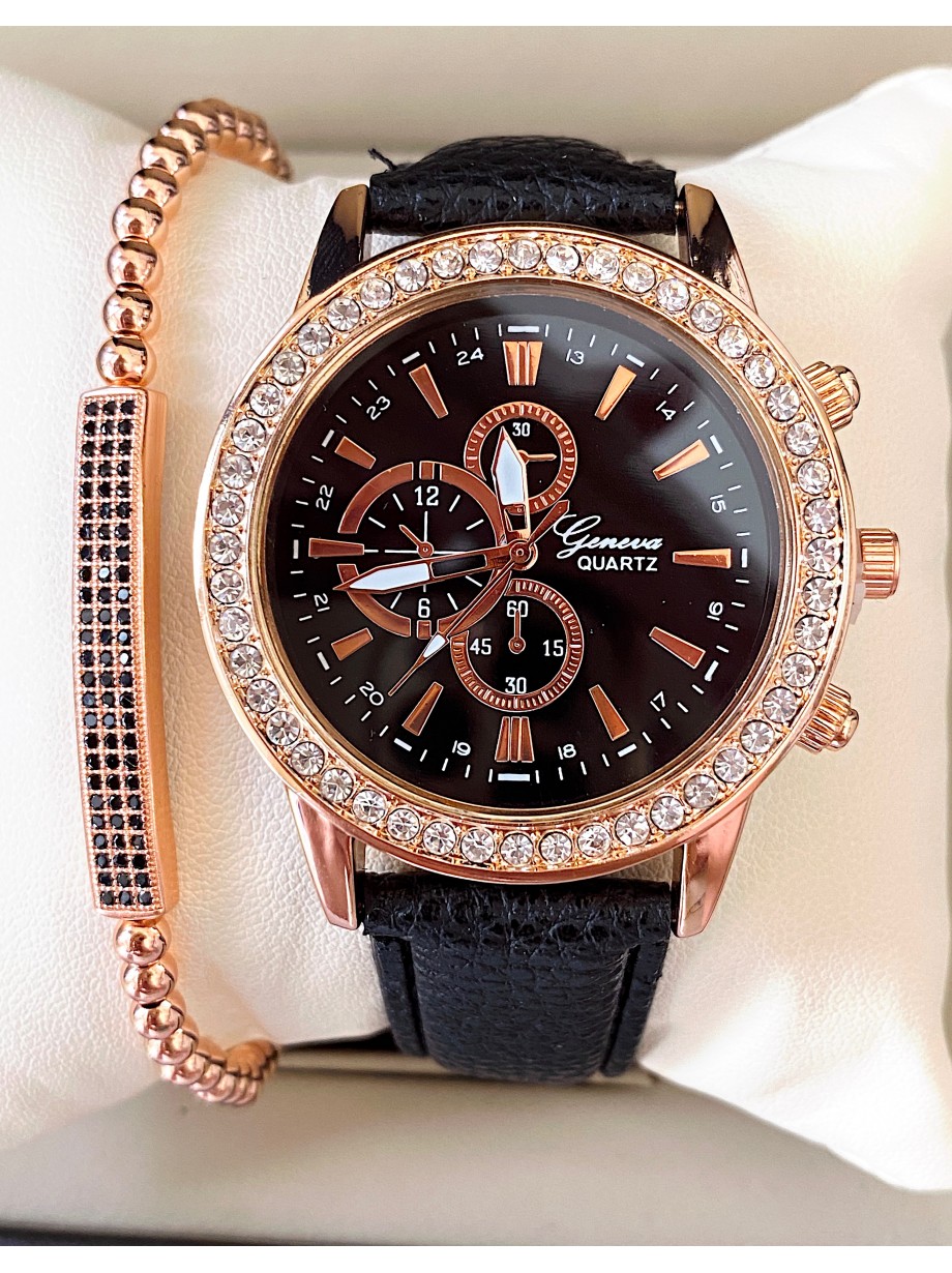 Ceas dama negru cu bratara din piele ecologica si 3 cadrane