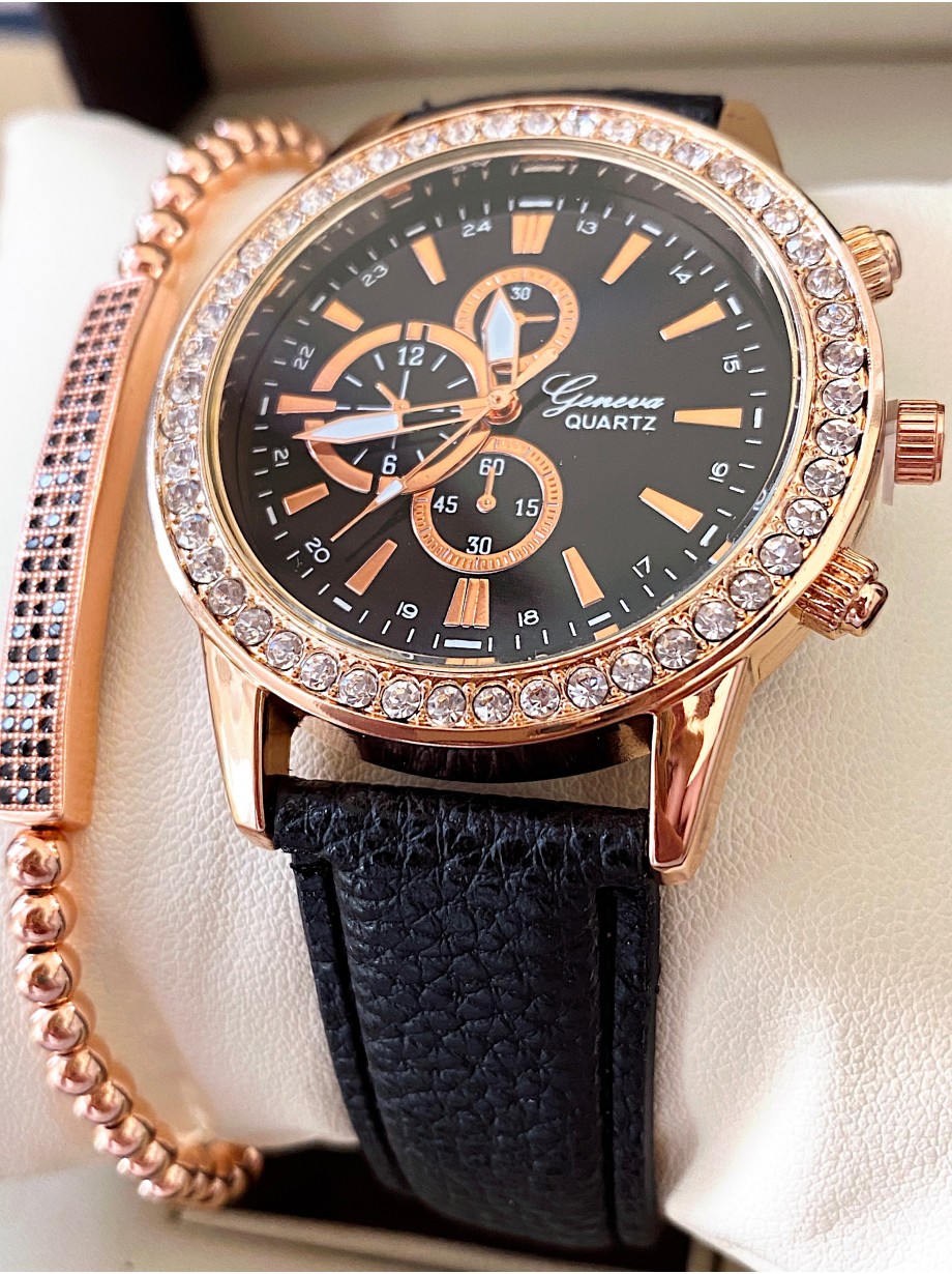 Ceas dama negru cu bratara din piele ecologica si 3 cadrane