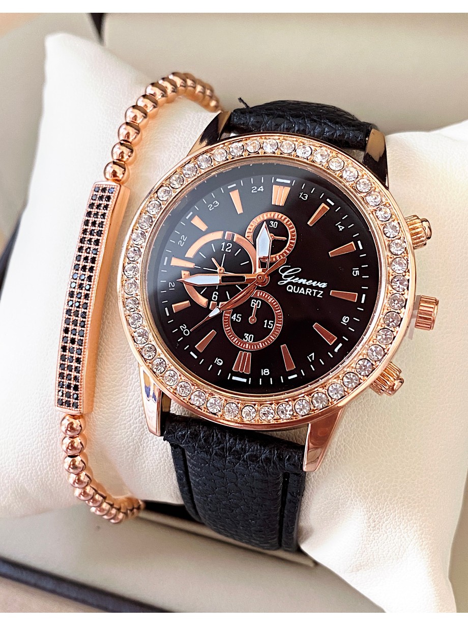 Ceas dama negru cu bratara din piele ecologica si 3 cadrane