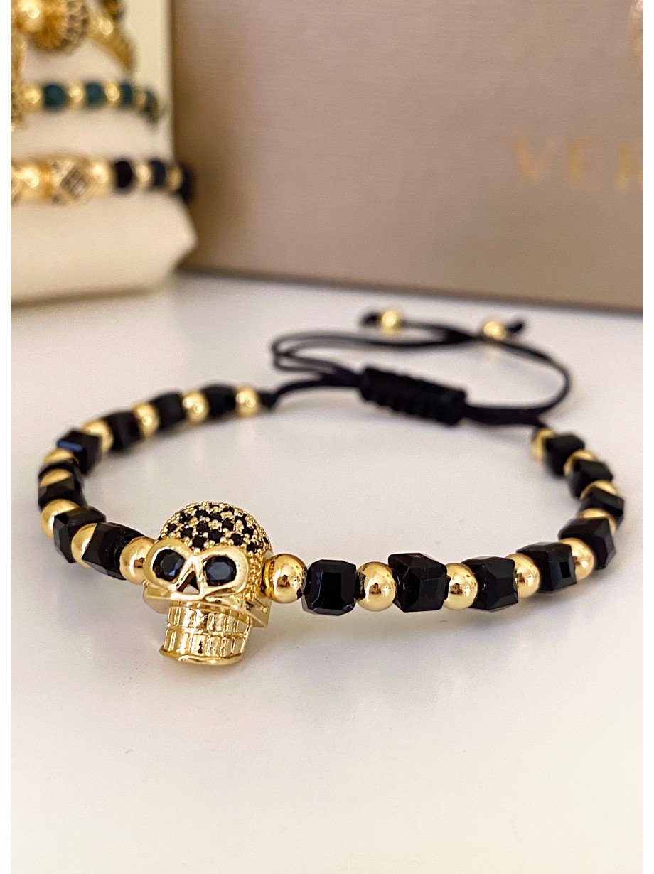 Bratara dama model deosebit cu margele negre si aurii si craniu