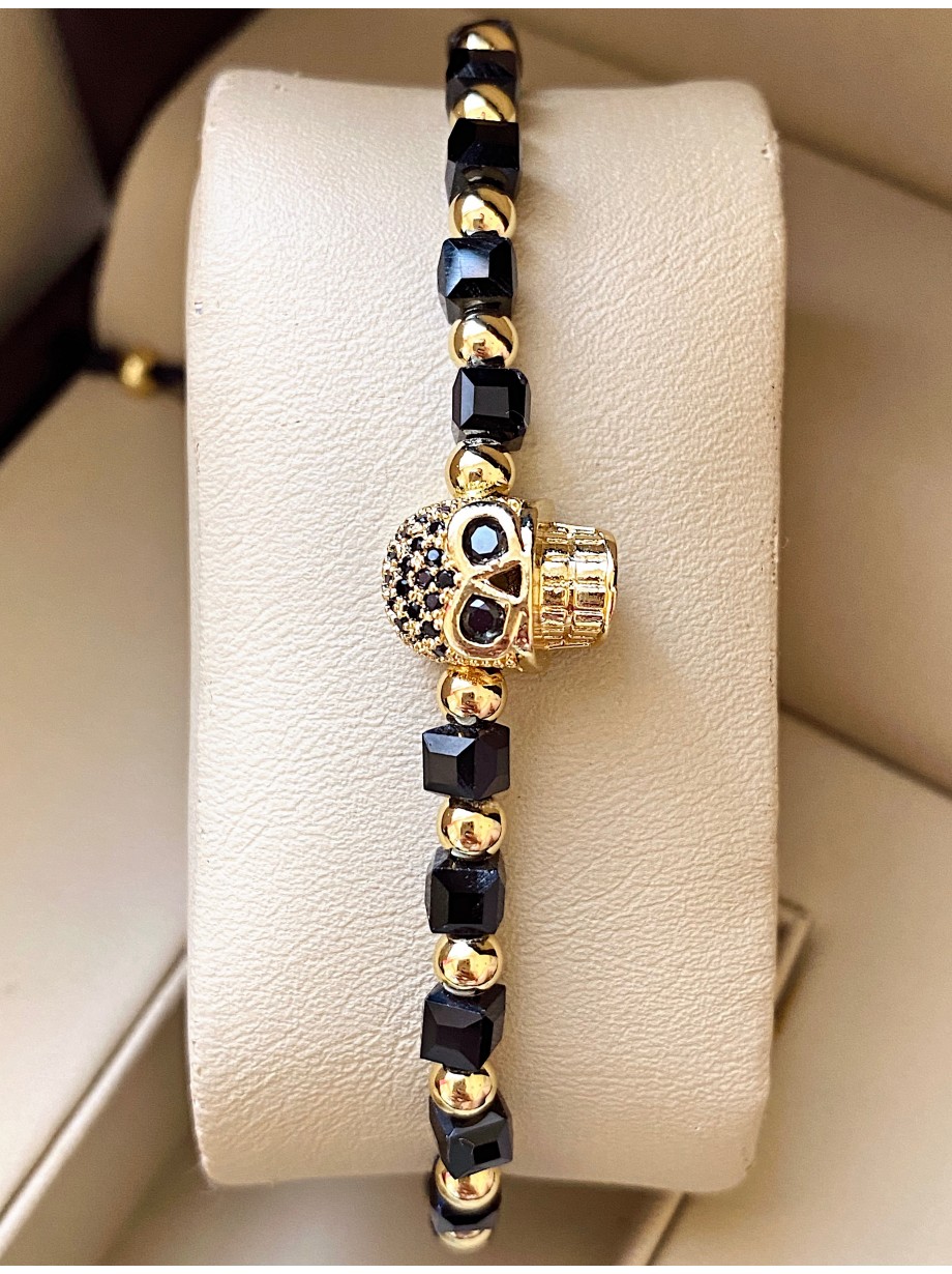 Bratara dama model deosebit cu margele negre si aurii si craniu