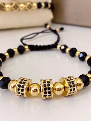 Bratara dama model deosebit cu margele negre si 3 bilute cu pietricele negre 