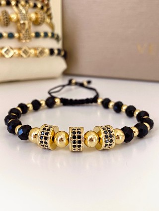 Bratara dama model deosebit cu margele negre si 3 bilute cu pietricele negre 