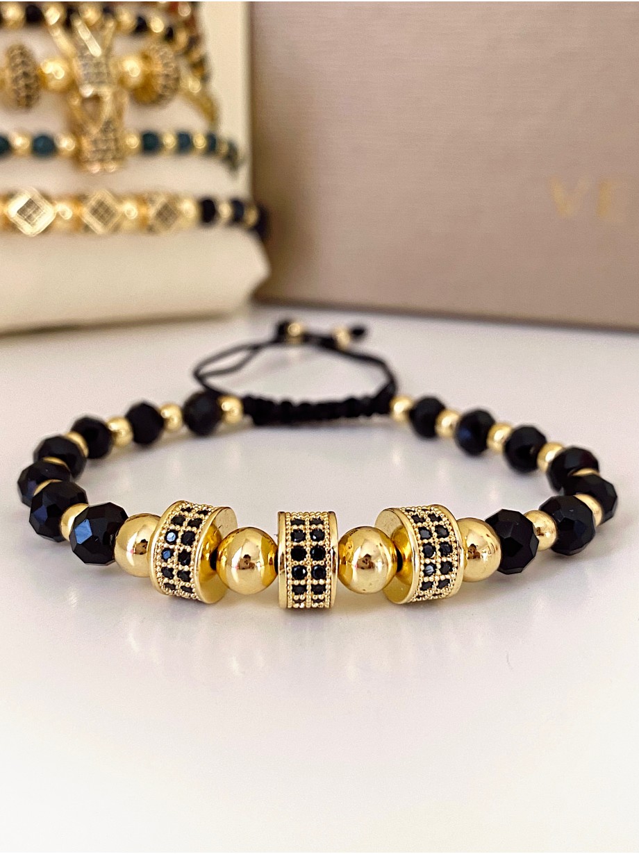 Bratara dama model deosebit cu margele negre si 3 bilute cu pietricele negre 