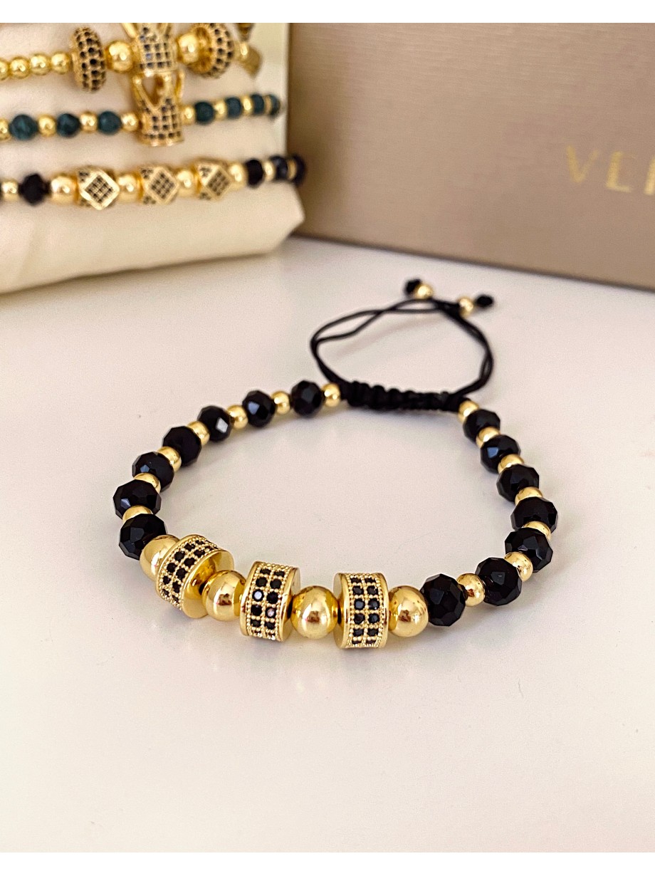 Bratara dama model deosebit cu margele negre si 3 bilute cu pietricele negre 
