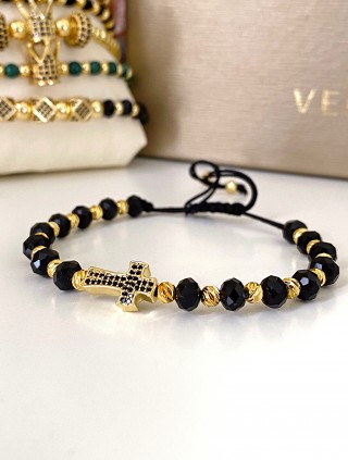 Bratara dama model deosebit cu margele negre si cruce cu pietricele negre